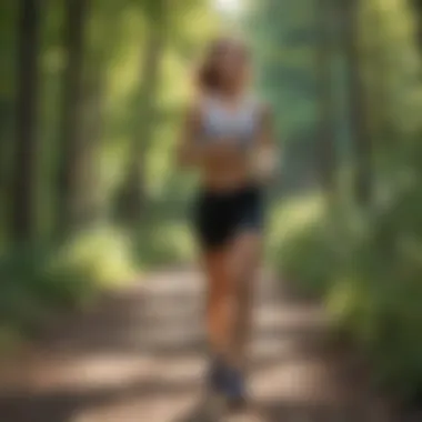 A serene outdoor setting with a person jogging on a trail