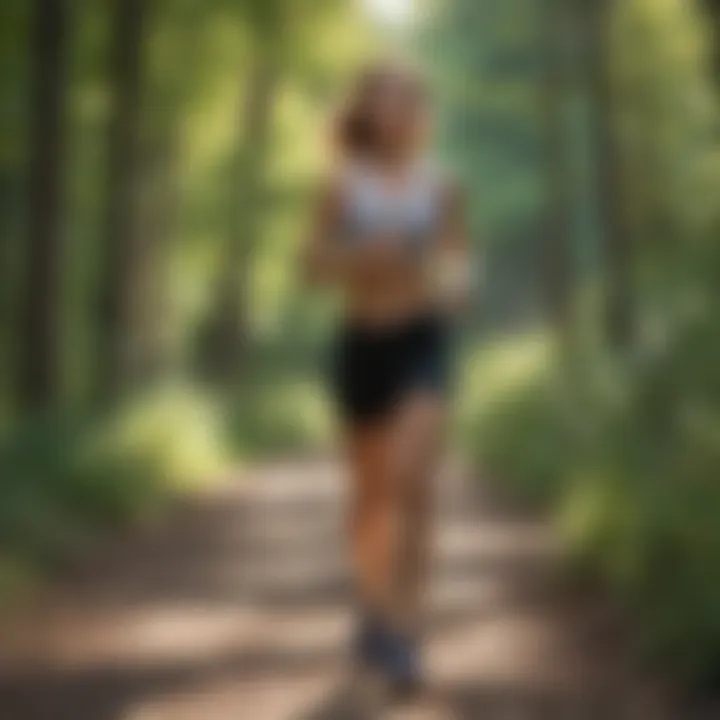 A serene outdoor setting with a person jogging on a trail