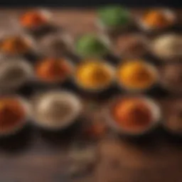 A selection of vibrant spices arranged in small bowls, showcasing the diversity of rub ingredients.