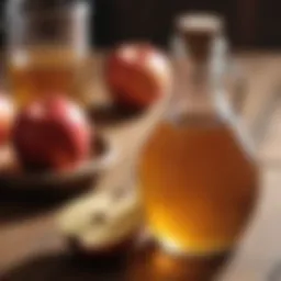 Close-up of apple cider vinegar on a wooden table