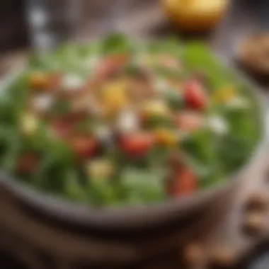 A bowl of fresh salad with greens, nuts, and feta cheese