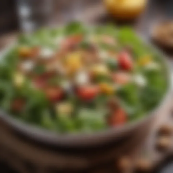 A bowl of fresh salad with greens, nuts, and feta cheese