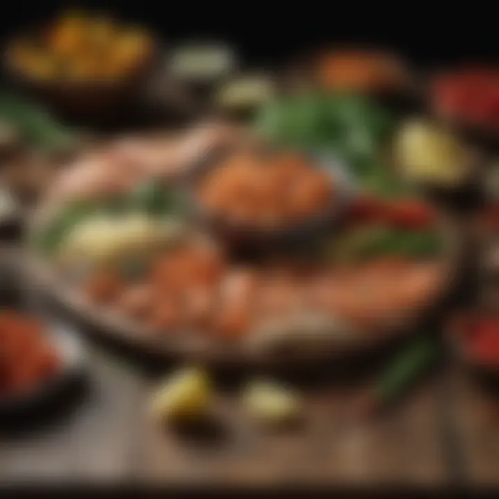 An assortment of seafood and vegetables on a rustic wooden table