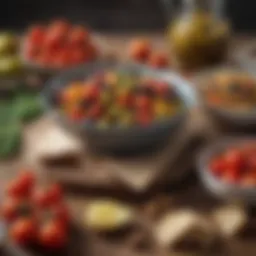 A vibrant Mediterranean spread showcasing olives, tomatoes, and whole grains