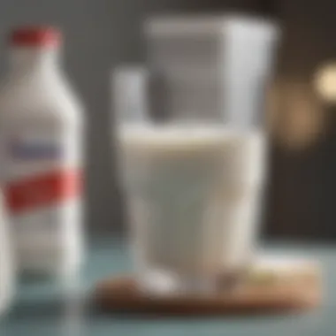 A close-up of a glass of milk surrounded by acne-related products