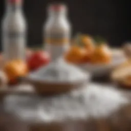 A close-up view of baking soda and healthy food items