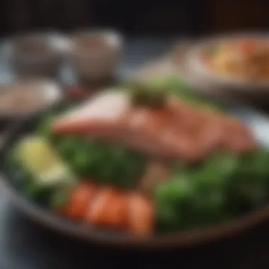 A balanced meal plate featuring tuna, greens, and grains