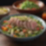 A vibrant tuna salad showcasing fresh vegetables and a rich dressing