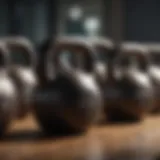 Diverse kettlebell weights arranged for training