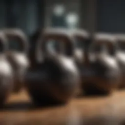 Diverse kettlebell weights arranged for training