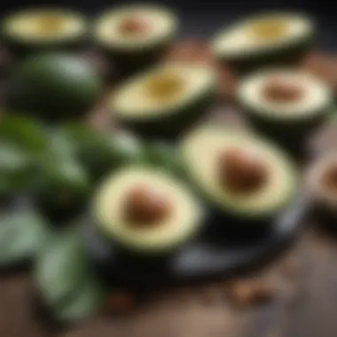 A colorful assortment of keto-friendly foods including avocados, nuts, and leafy greens.