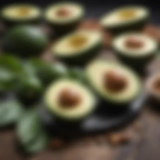 A colorful assortment of keto-friendly foods including avocados, nuts, and leafy greens.