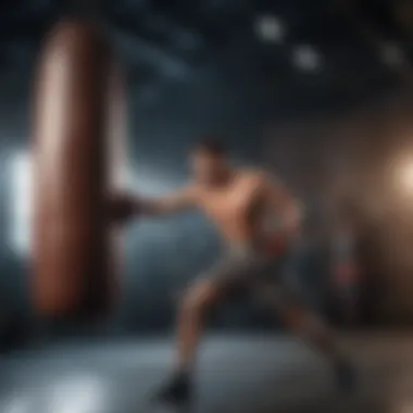 An athlete practicing technique with a heavy punching bag.