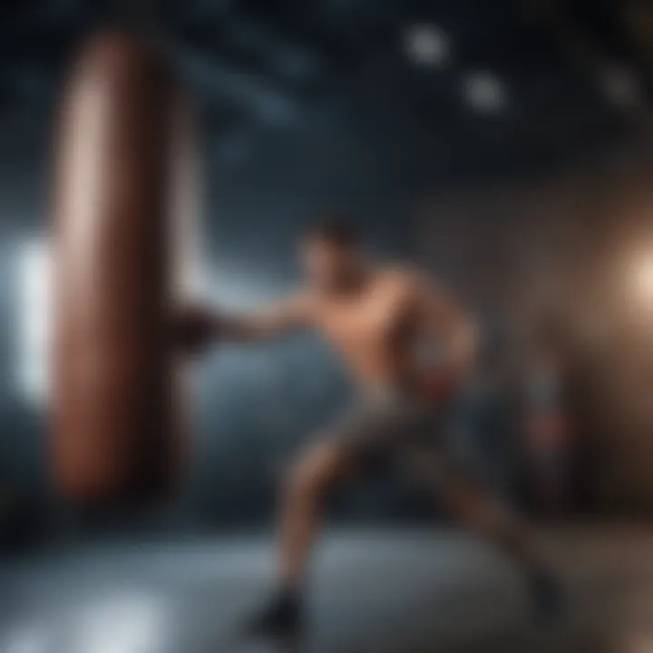 An athlete practicing technique with a heavy punching bag.