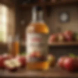 A bottle of apple cider vinegar with fresh apples in the background