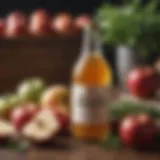 A bottle of apple cider vinegar surrounded by fresh apples and herbs