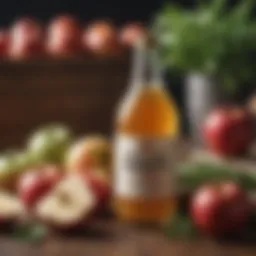 A bottle of apple cider vinegar surrounded by fresh apples and herbs