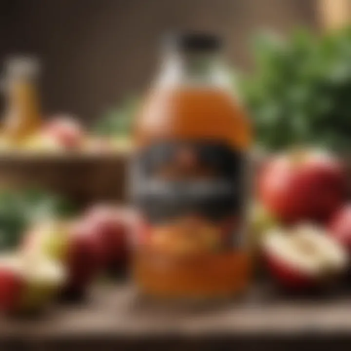 A jar of apple cider vinegar surrounded by fresh produce.