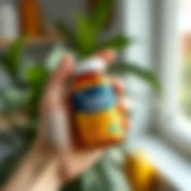 A close-up of a hand holding a vitamin supplement bottle.