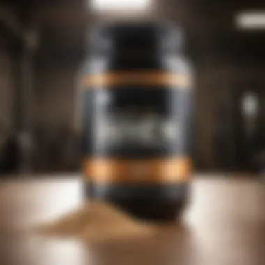 Whey protein powder in a scoop with a blurred gym background
