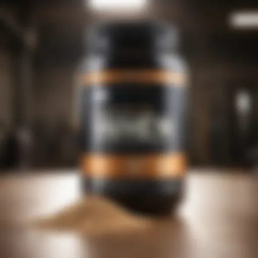 Whey protein powder in a scoop with a blurred gym background